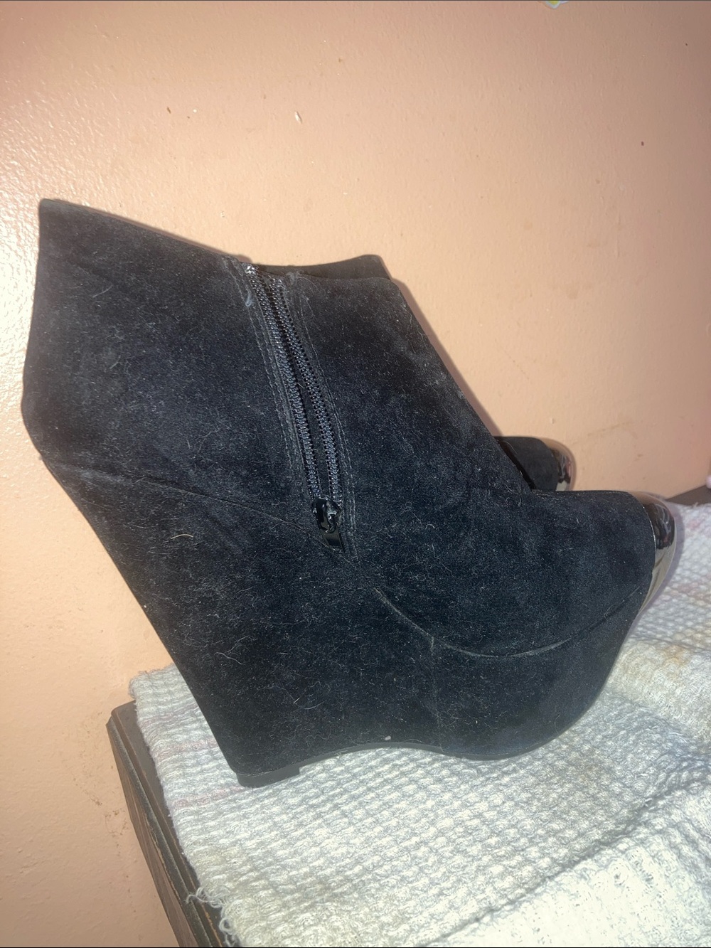 Y2K Black Suede Wedge Ankle Bootie with Side Zip